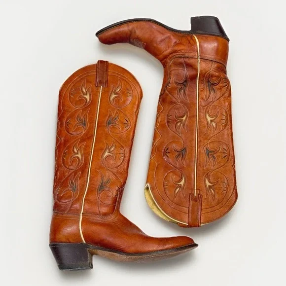 Vintage Acme Inlay Western Cowboy Boots Women USA Brown 8 1/2 C Rockabilly - Picture 2 of 9